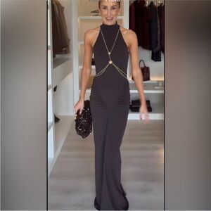 Zara Black Halter Maxi Dress with Gold Chain Accent